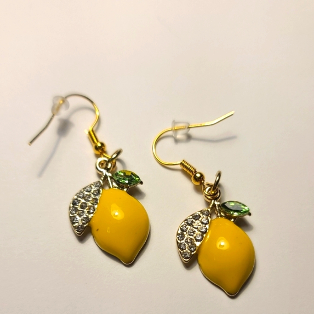 Yellow Lemon Dangle Earrings with Rhinestones And Silver Accents NWT